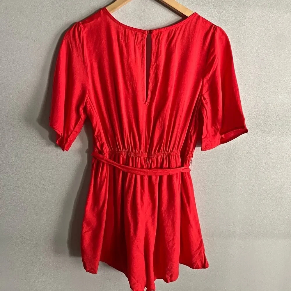 Jun & Ivy Red Scalloped Wrap Front Romper Belted Preppy Boutique
